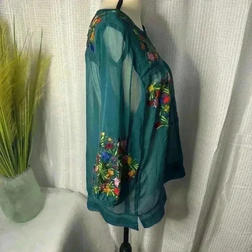 Anu Gorgeous Women’s Turquoise L/S Rayon Chiffon Embroidered Sheer Large Top - Picture 11 of 14
